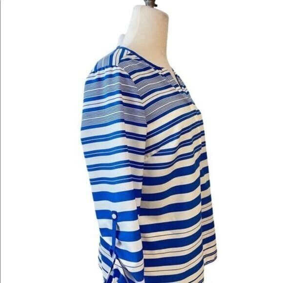 Talbots Blue Stripe Adjustable Sleeve Blouse Top Medium Petite PM - Picture 3 of 6